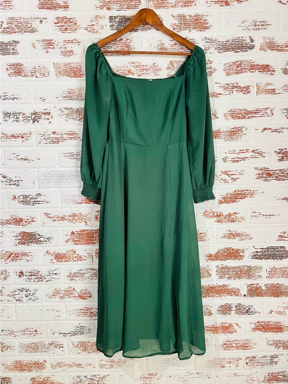 Baltic Born Green Smocked Midi Dress Square Neck Long Sleeve Slit Sz M